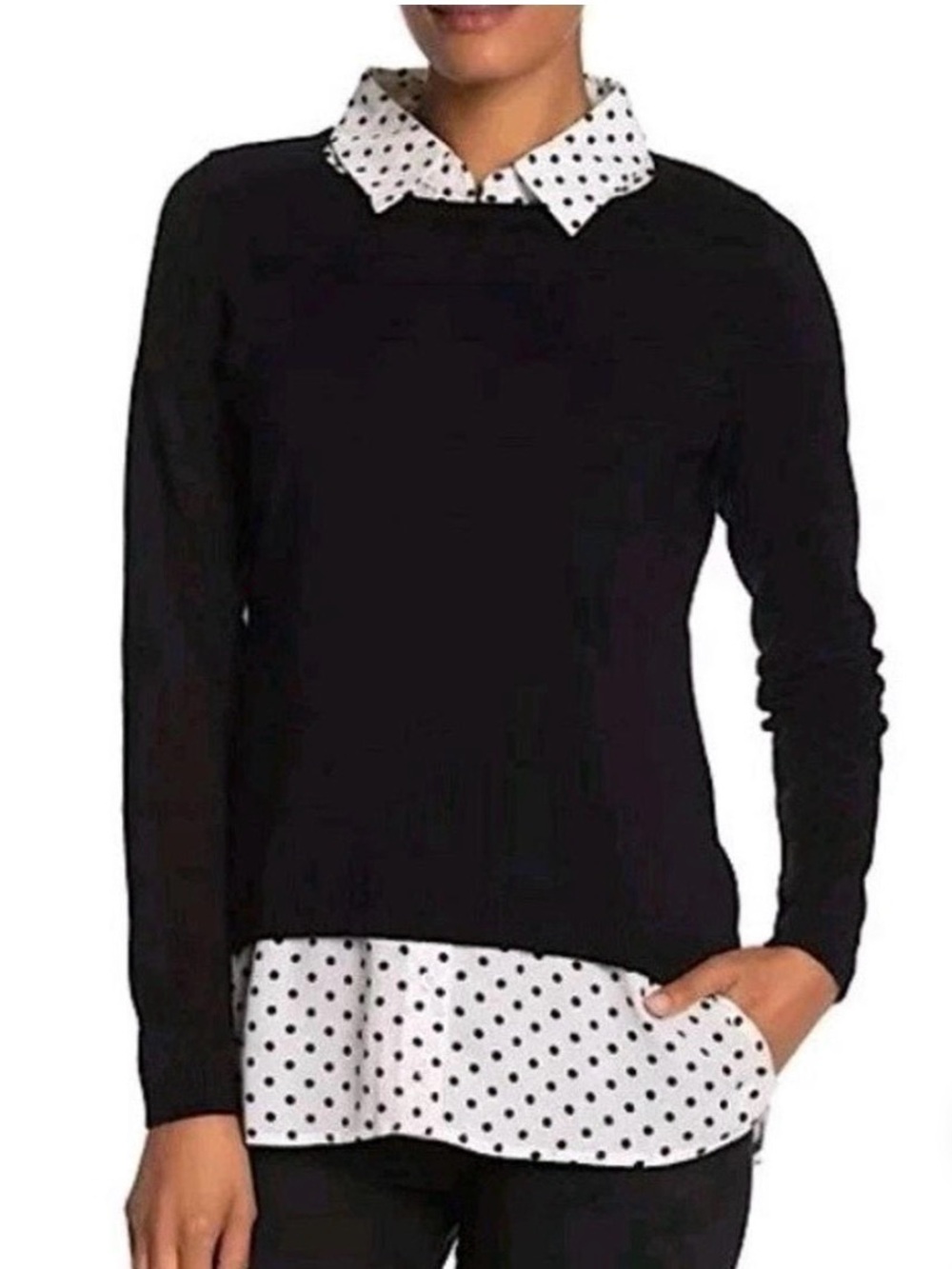 Adrianna Papell Black Sweater with White Polka Dot Shirt Detail